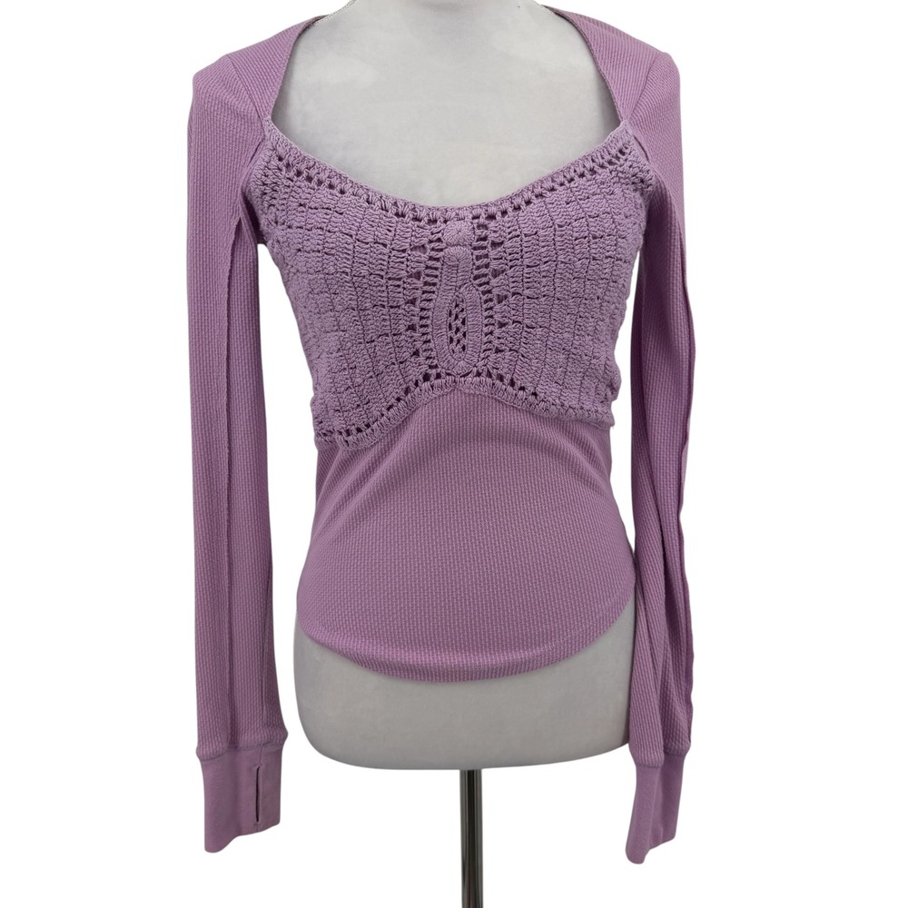 Free People Lavender Waffle Knit Crochet Lace Sweetheart Thermal Top XS Purple